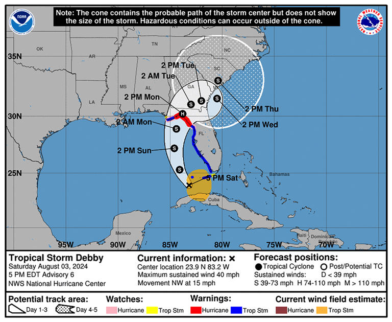 Tropical Storm Debby forecast path map.