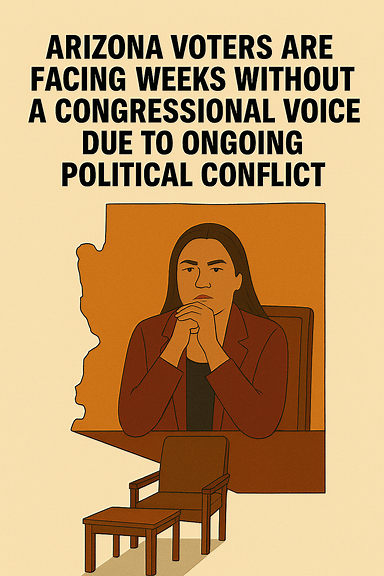 A symbolic image showing Arizona voters in a quiet, dimly lit town hall with an empty podium at the front. The audience is diverse and attentive, but the absence of a speaker conveys a lack of representation. Arizona state flags hang in the background, and a calendar on the wall shows weeks passing. The mood is somber, reflecting the political conflict and the silence in congressional voice.