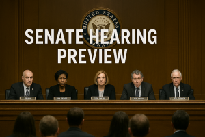 a realistic illustration of a U.S. Senate hearing preview, showing a formal chamber with senators seated at a long desk, microphones, nameplates, and a witness table in front, with subdued lighting and American flags in the background
