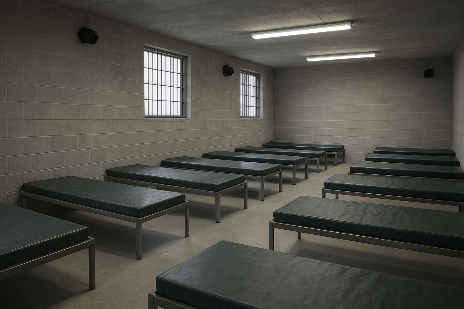Photo of a sparse, bleak interior of an ICE detention facility, with empty beds and security cameras