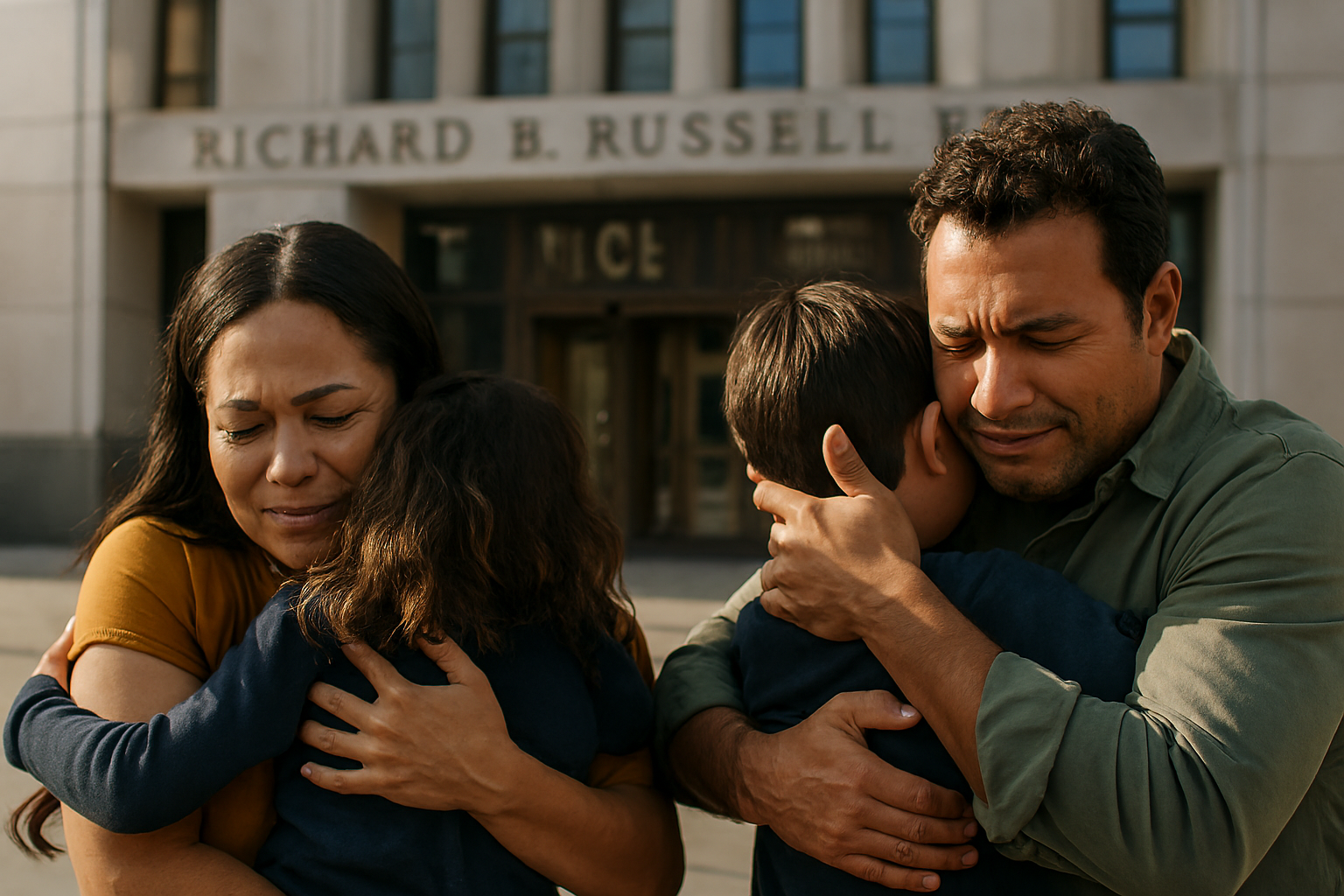 Emotional family reunion outside ICE detention, children and parents hugging after release