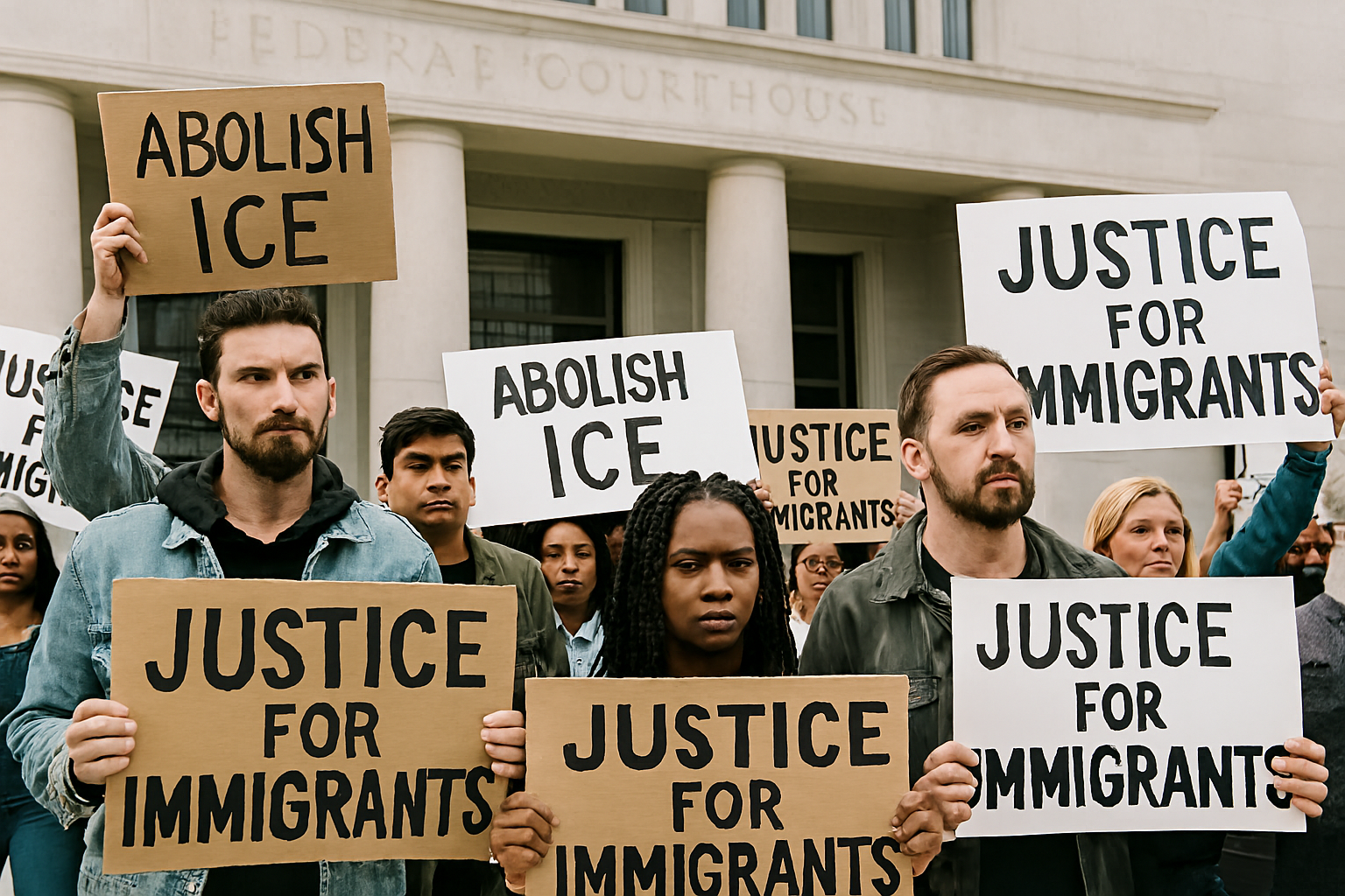 Crowd of protestors holding signs like 'Abolish ICE' and 'Justice for Immigrants' outside a federal courthouse