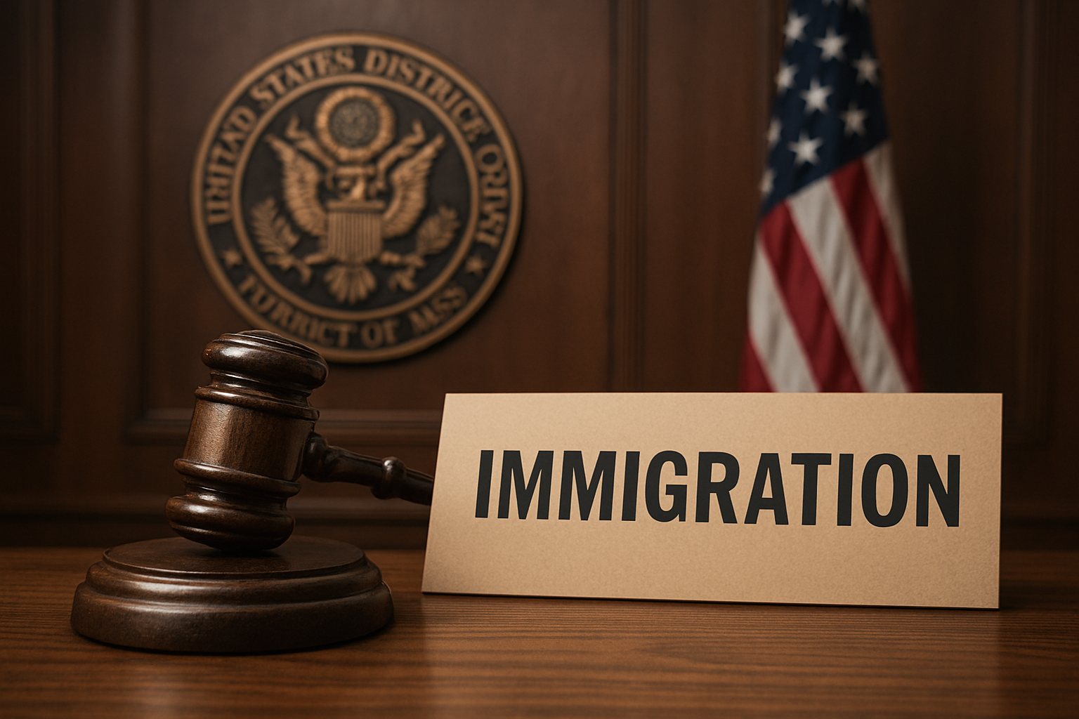 Dramatic closeup of a judge's gavel in a federal courtroom, symbolizing justice for detained immigrants