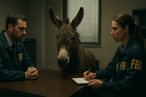 A surreal visual of an FBI agent preparing to interview a donkey in a formal government office. The donkey sits calmly at a desk with a microphone, while the agent stands nearby holding a notepad and wearing a serious expression. The setting includes a U.S. flag, file cabinets, and a window with blinds. The style is realistic with a touch of absurdity.